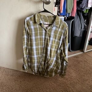 Green and White Plaid Button-Up Shirt